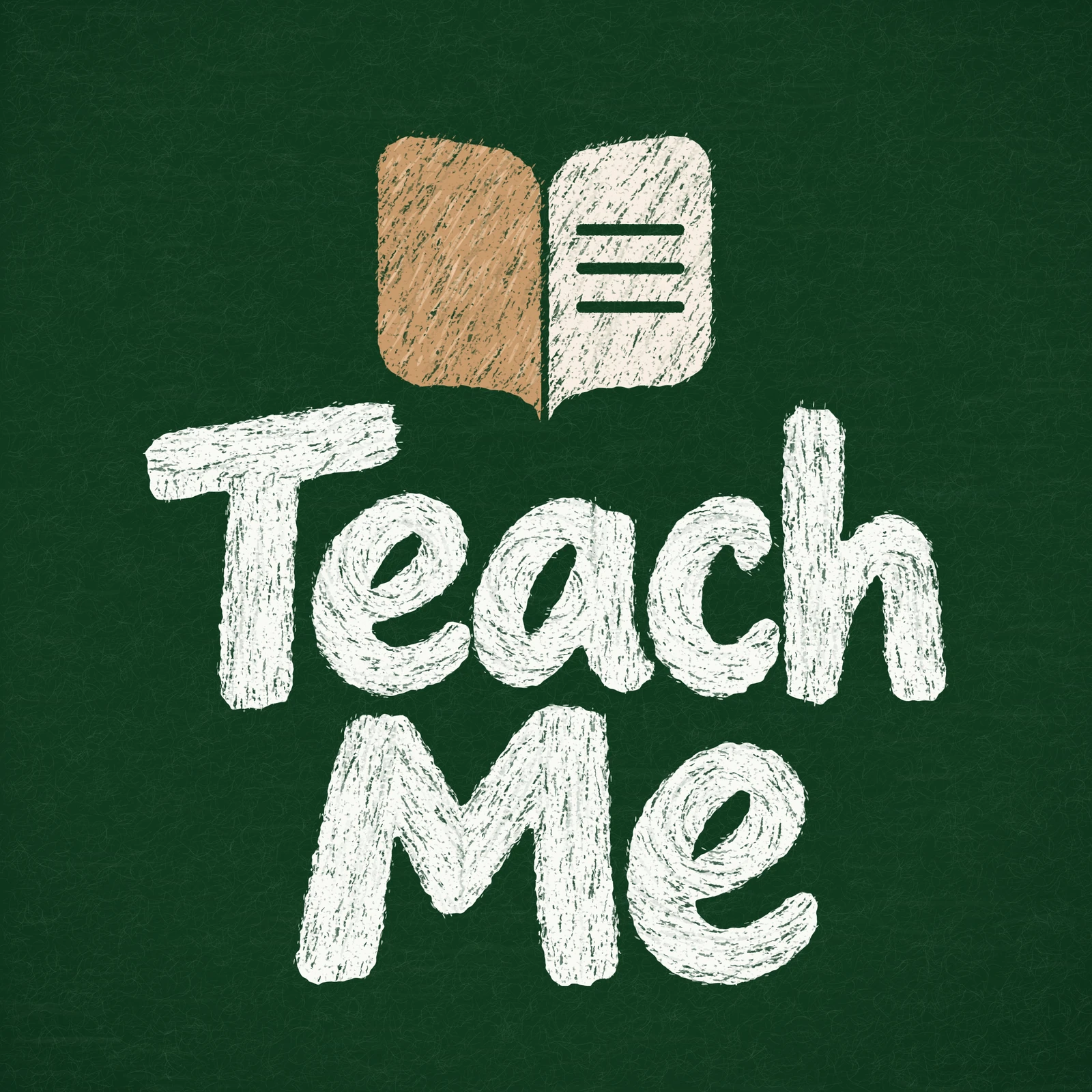 Teach Me in white chalk lettering on a green chalkboard, with a caramel and cream book logo above.